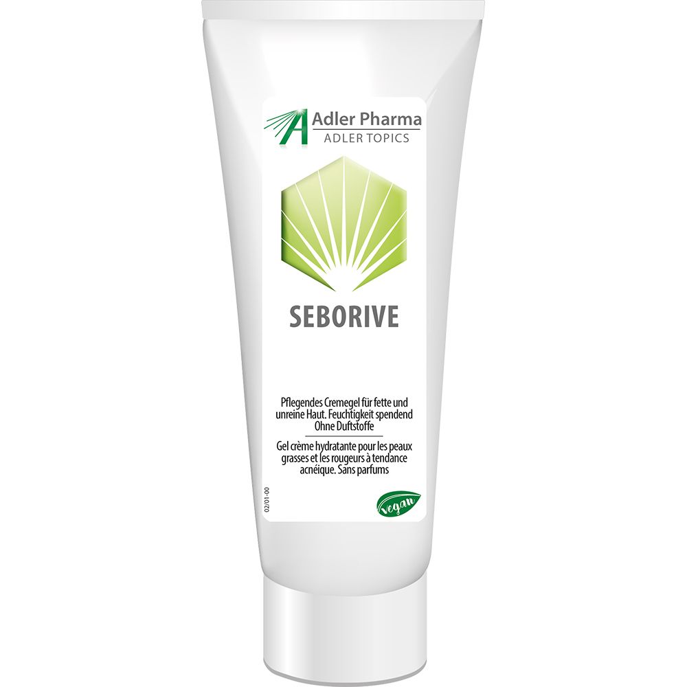 Witte tube met groen logo en opschrift SEBORIVE. Tekst in het Duits en Frans. Vegan-zegel.