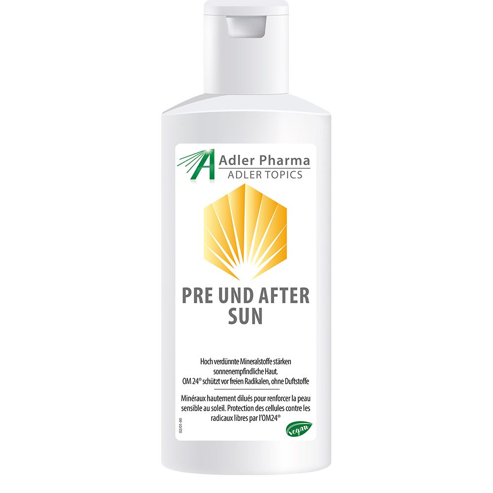 Flacon blanc avec inscription "PRE UND AFTER SUN". Logo Adler Pharma. Label végan. Flacon avec bouchon rabattable.