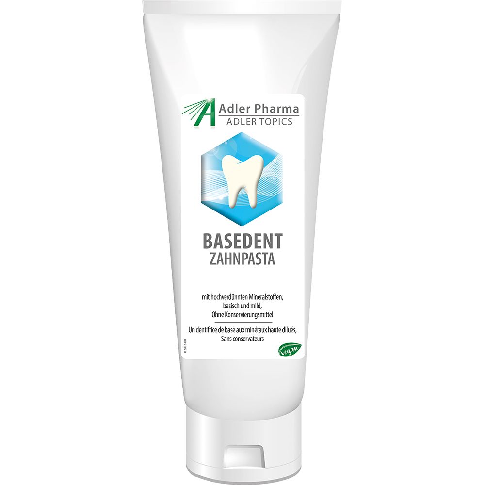 Tube de dentifrice blanche. Inscription: BASEDENT ZAHNPSTA. Logo avec dent. Adler Pharma.