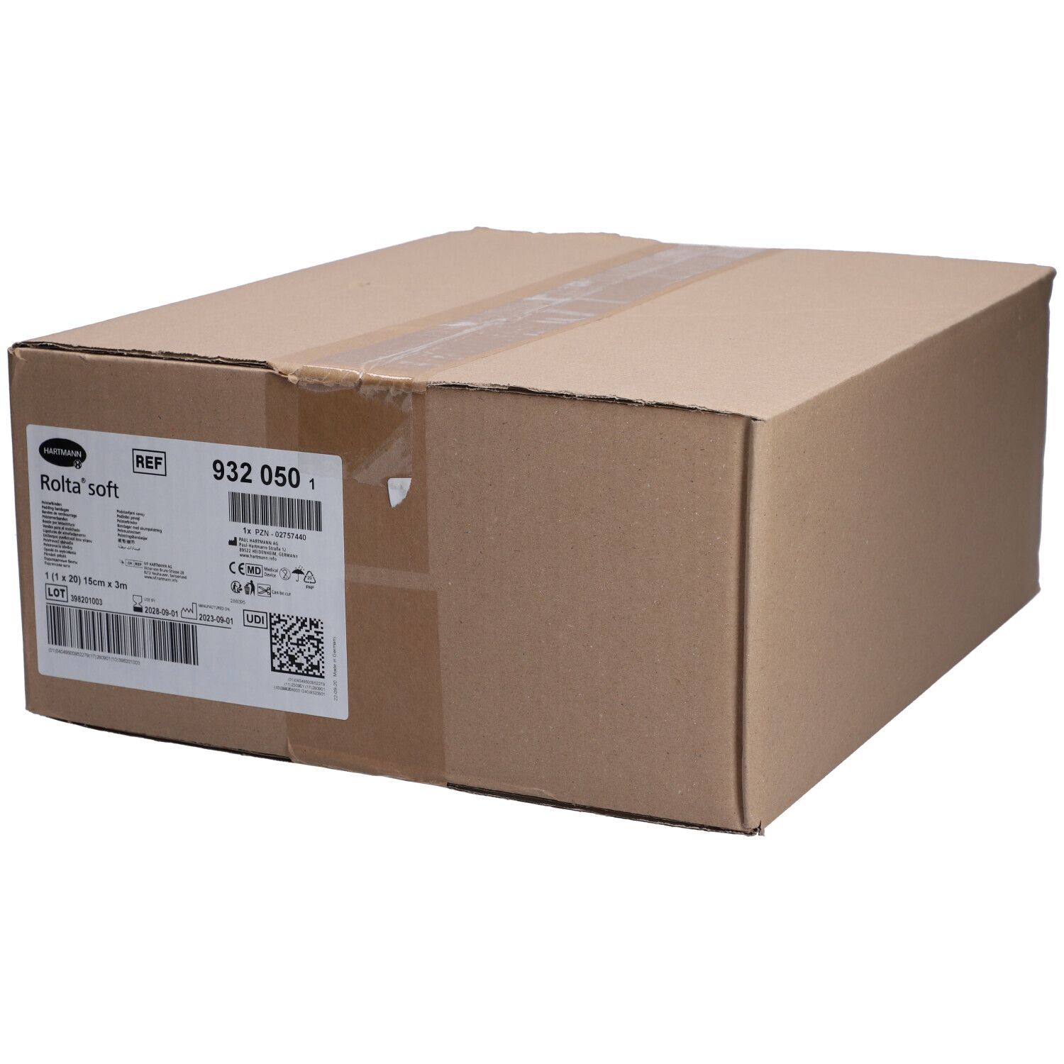 Boîte en carton marron avec étiquette. Étiquette avec informations produit et code-barres. Logo Rolta® soft visible.