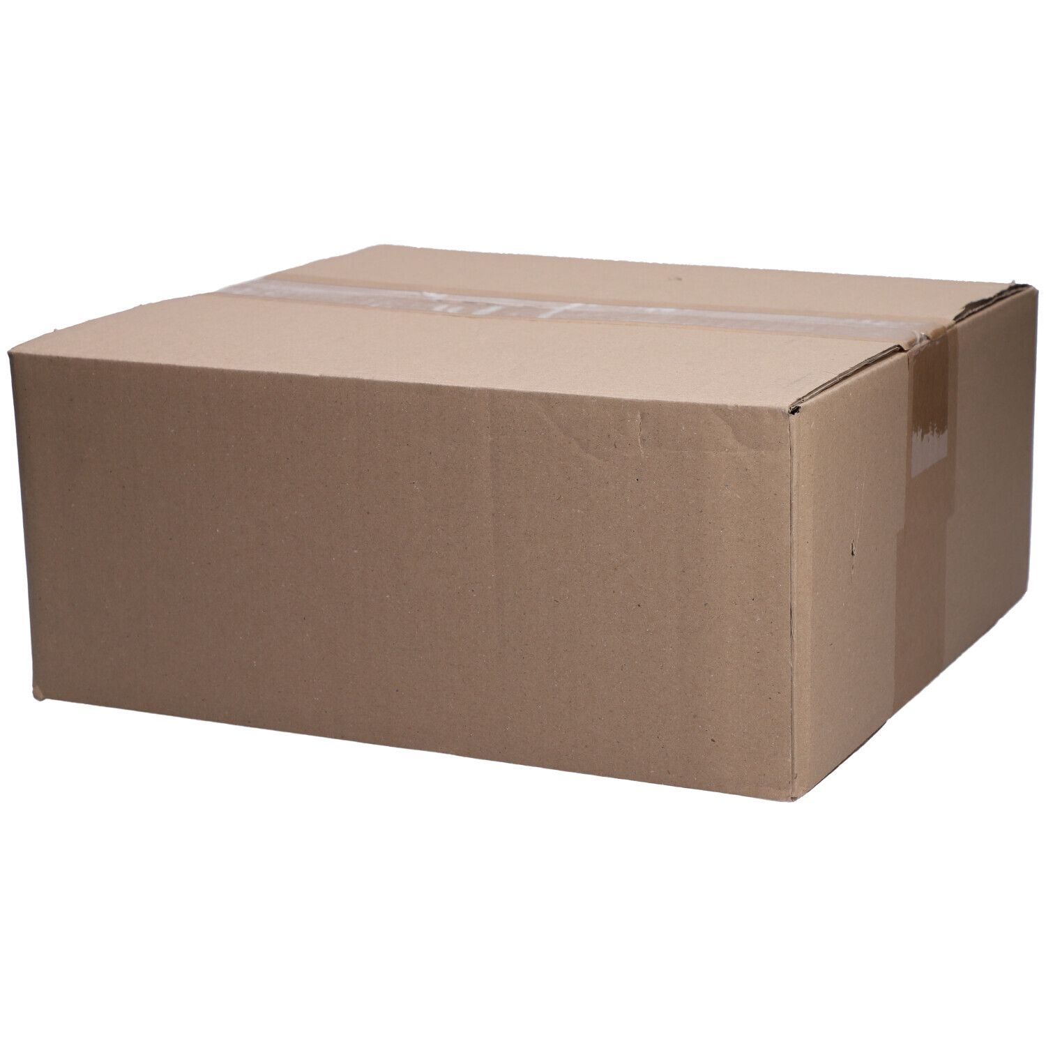 Emballage en carton brun, rectangulaire. Fermé avec du ruban adhésif. Aucun autre détail visible.