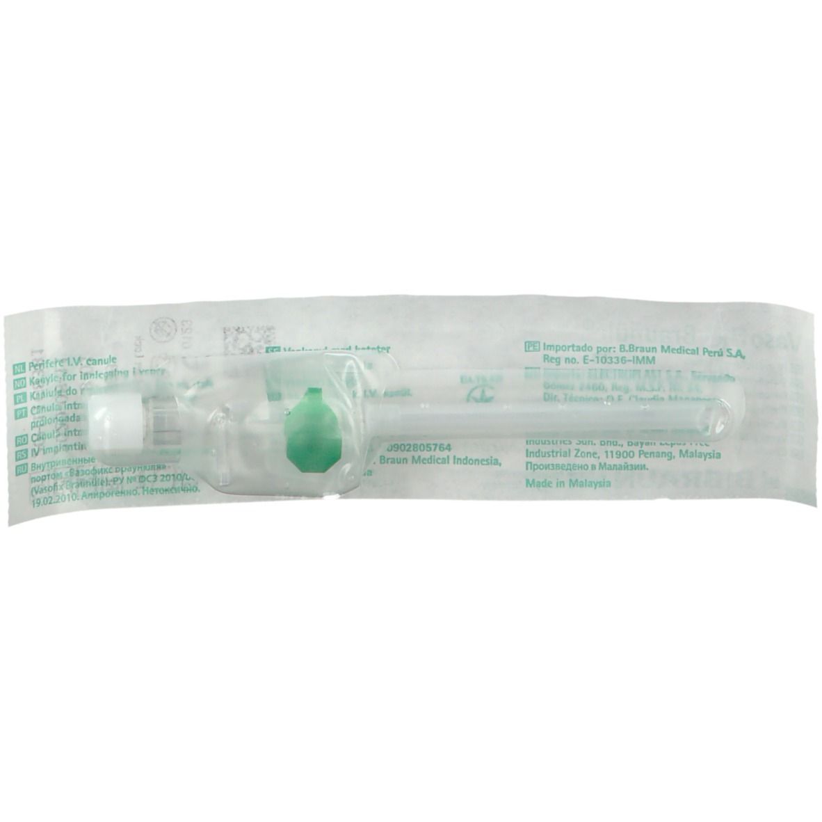Vasofix Braunüle in steriele verpakking. Groen, transparant. Met witte sluiting. Opschrift.