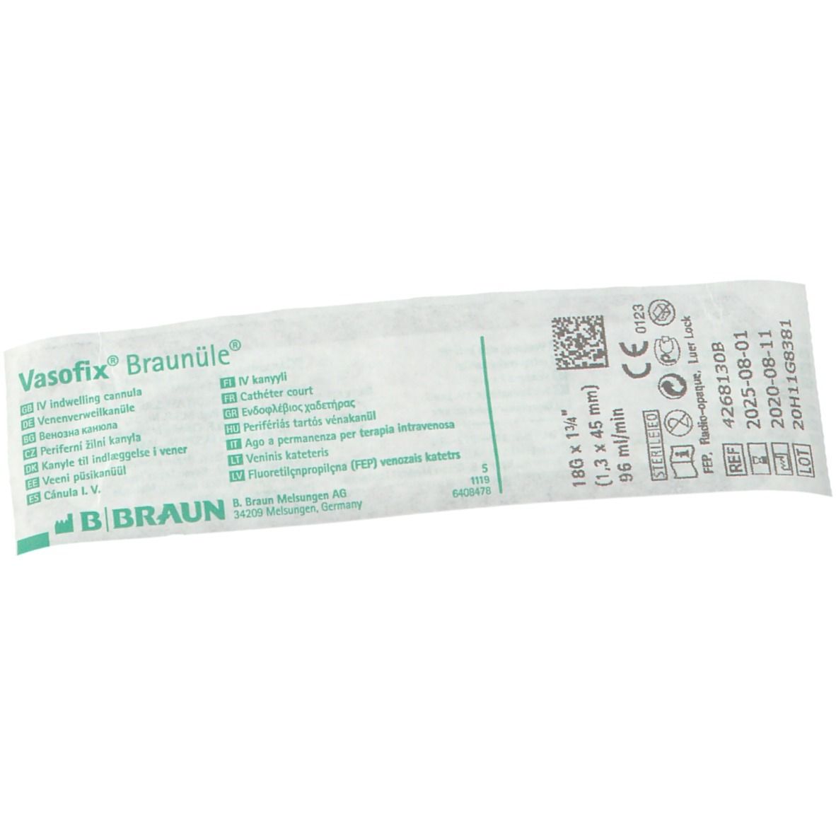 Verpakking van de canule. Opschrift: Vasofix Braunüle, maat, lotnummer, vervaldatum, CE-markering.