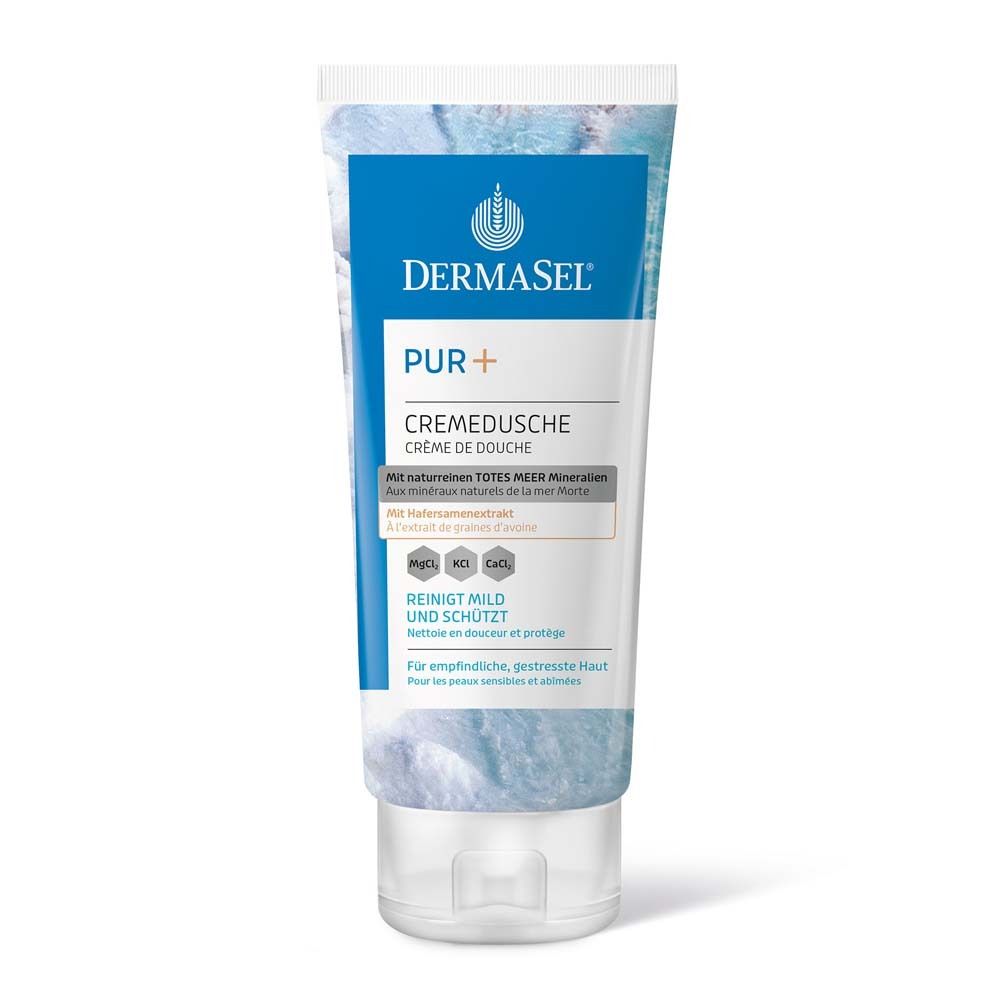 DermaSel PUR+ Crèmedouche tube. Tekst: Reinigt mild en beschermt. Voor de gevoelige huid.