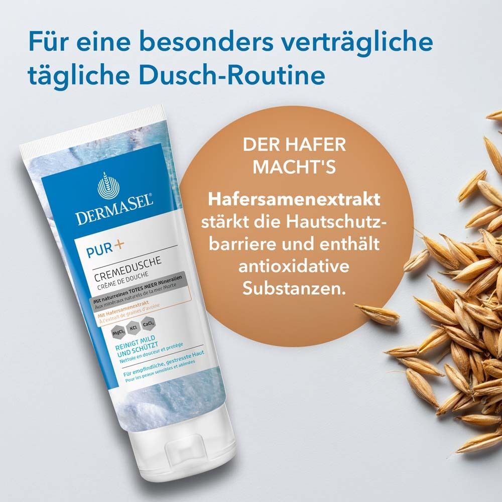 DermaSel PUR+ tube en bruine cirkel. Tekst: De haver doet het. Haverextract versterkt de huidbarrière.