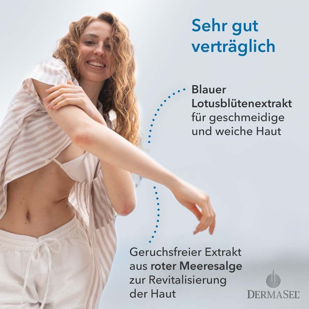 Vrouw met arm. Tekst: Zeer goed verdraagbaar. Blauwe lotusbloemextract voor soepele huid. Geurloos extract.