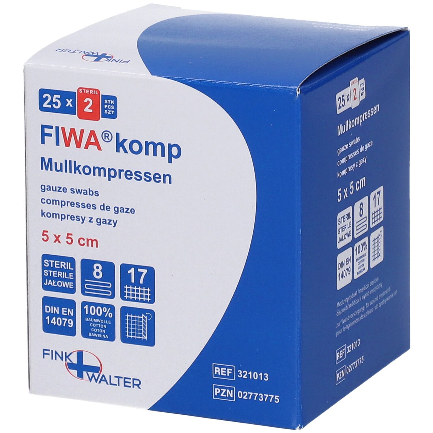 Verpakking FIWA®komp gaas. 5x5 cm, steriel, 8-voudig. Blauw-witte doos met productinfo en logo.