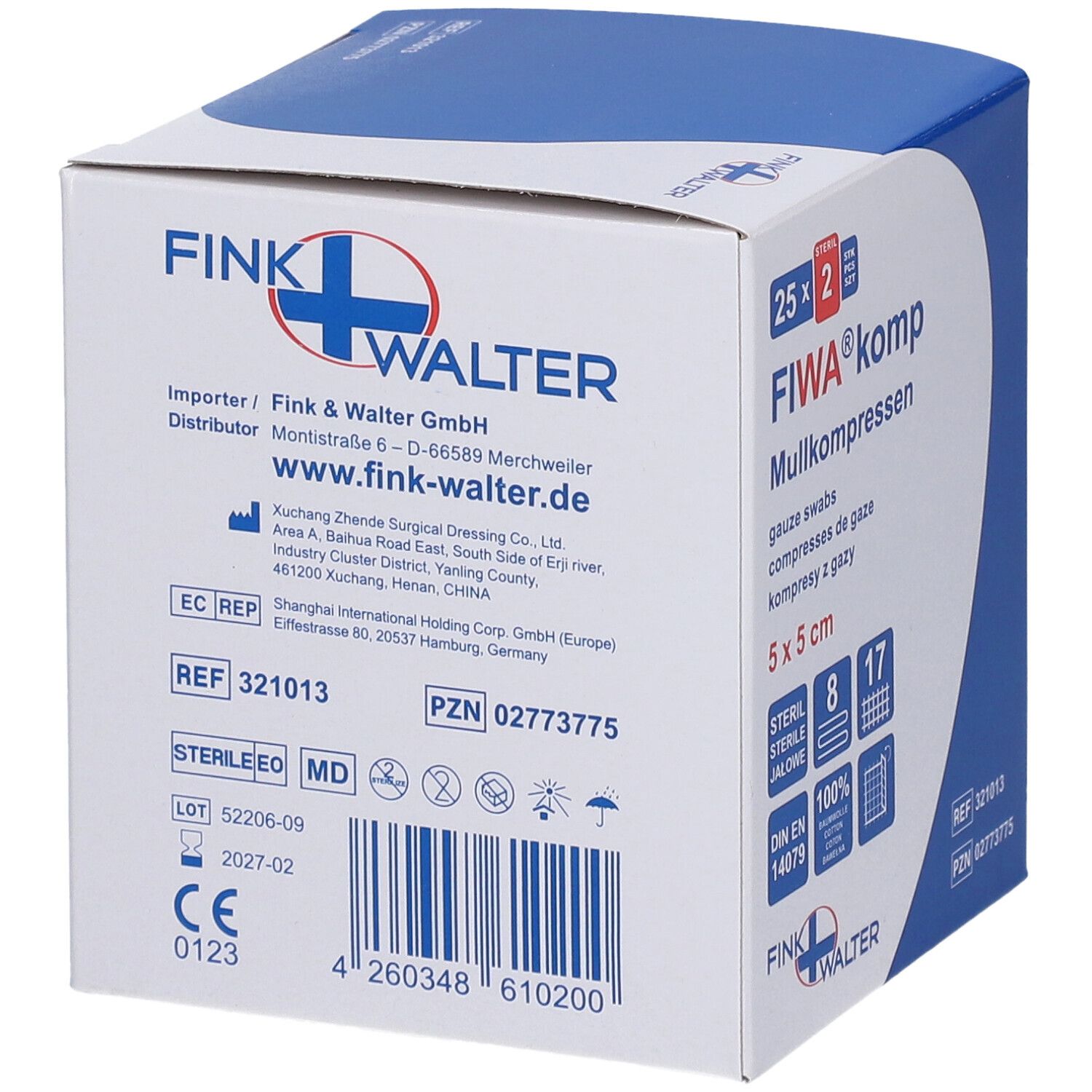 Verpakking FIWA®komp gaas. Info fabrikant, importeur en lotnummer. Blauw-witte doos.