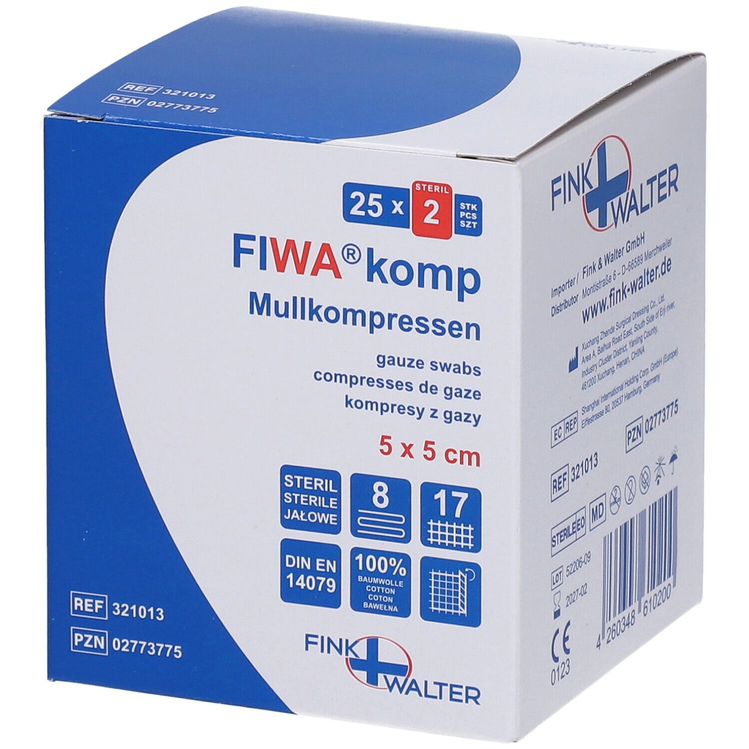 Verpakking FIWA®komp gaas. 5x5 cm, steriel, 8-voudig. Blauw-witte doos met productinfo en logo.