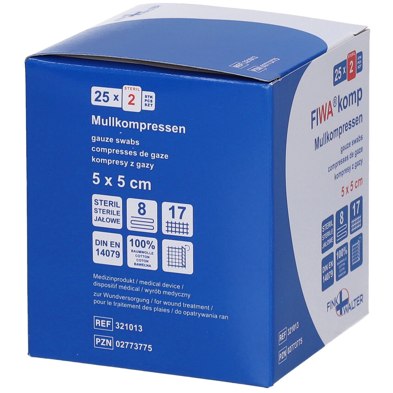 Verpakking FIWA®komp gaas. 5x5 cm, steriel, 8-voudig. Blauw-witte doos met productinfo en logo.