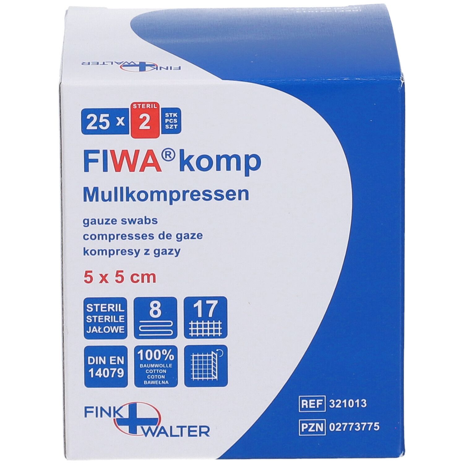 Verpakking FIWA®komp gaas. 5x5 cm, steriel, 8-voudig. Blauw-witte doos met productinfo en logo.