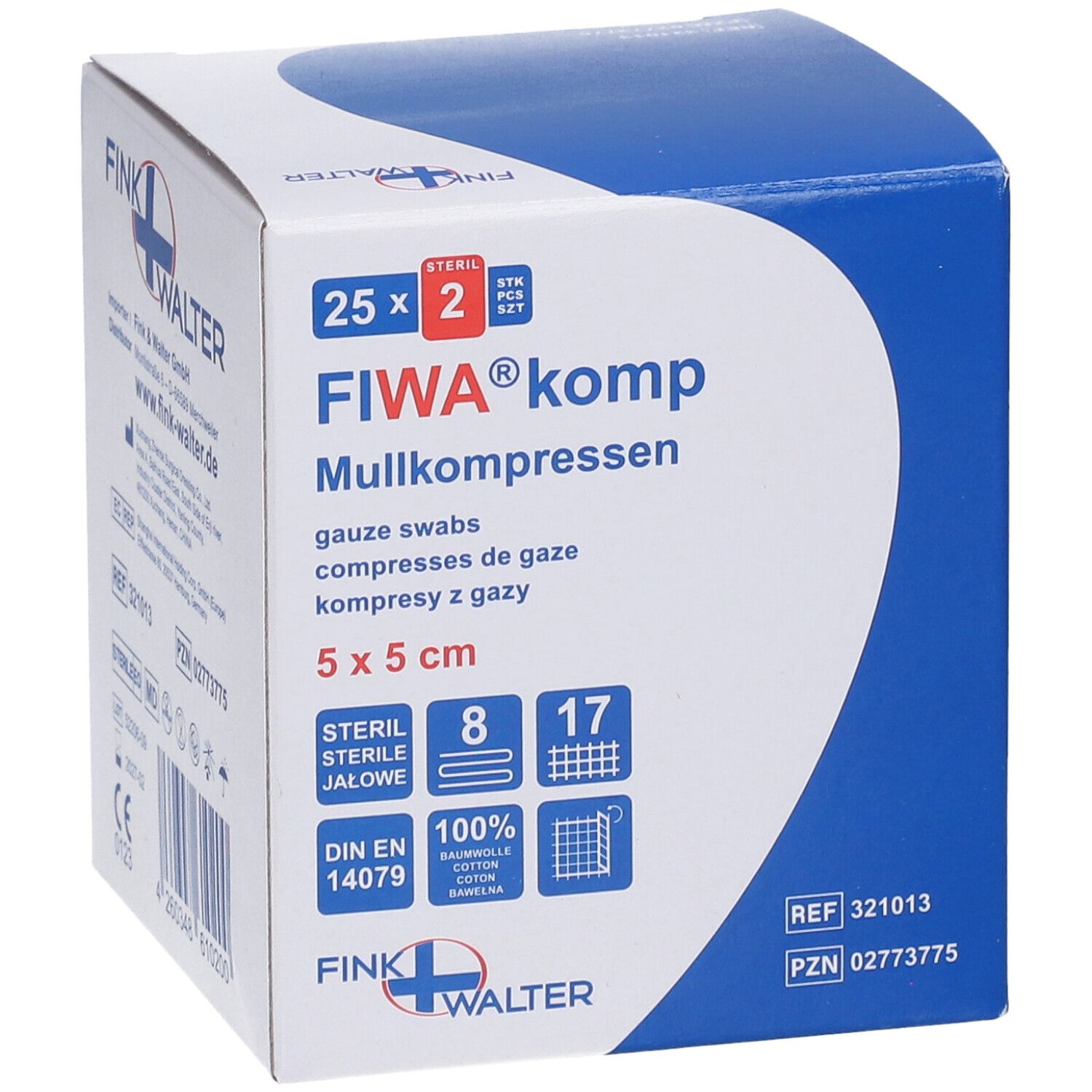 Verpakking FIWA®komp gaas. 5x5 cm, steriel, 8-voudig. Blauw-witte doos met productinfo en logo.