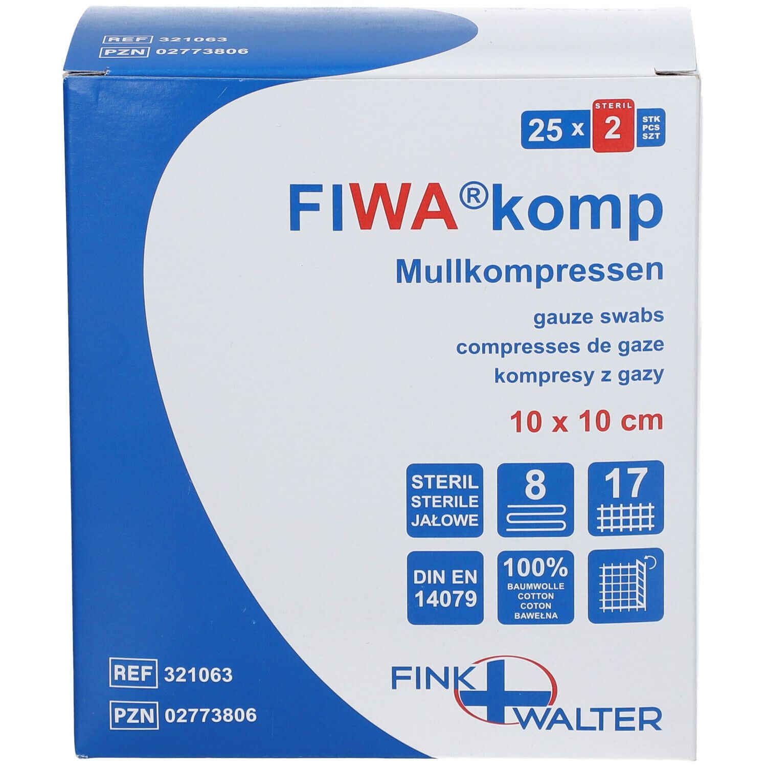 Emballage de compresses de gaze FIWA® komp. 10 x 10 cm, stérile. 25 x 2 pièces. Coton. Marque et logo visibles.