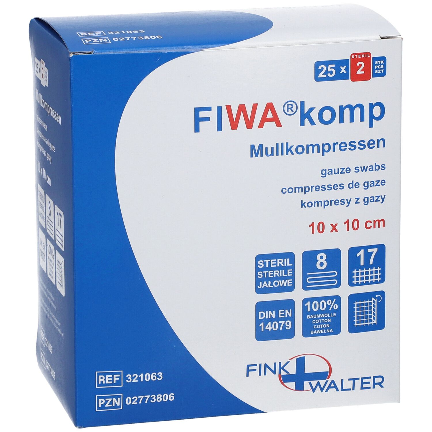 Emballage de compresses de gaze FIWA® komp. 10 x 10 cm, stérile. 25 x 2 pièces. Coton. Marque et logo visibles.