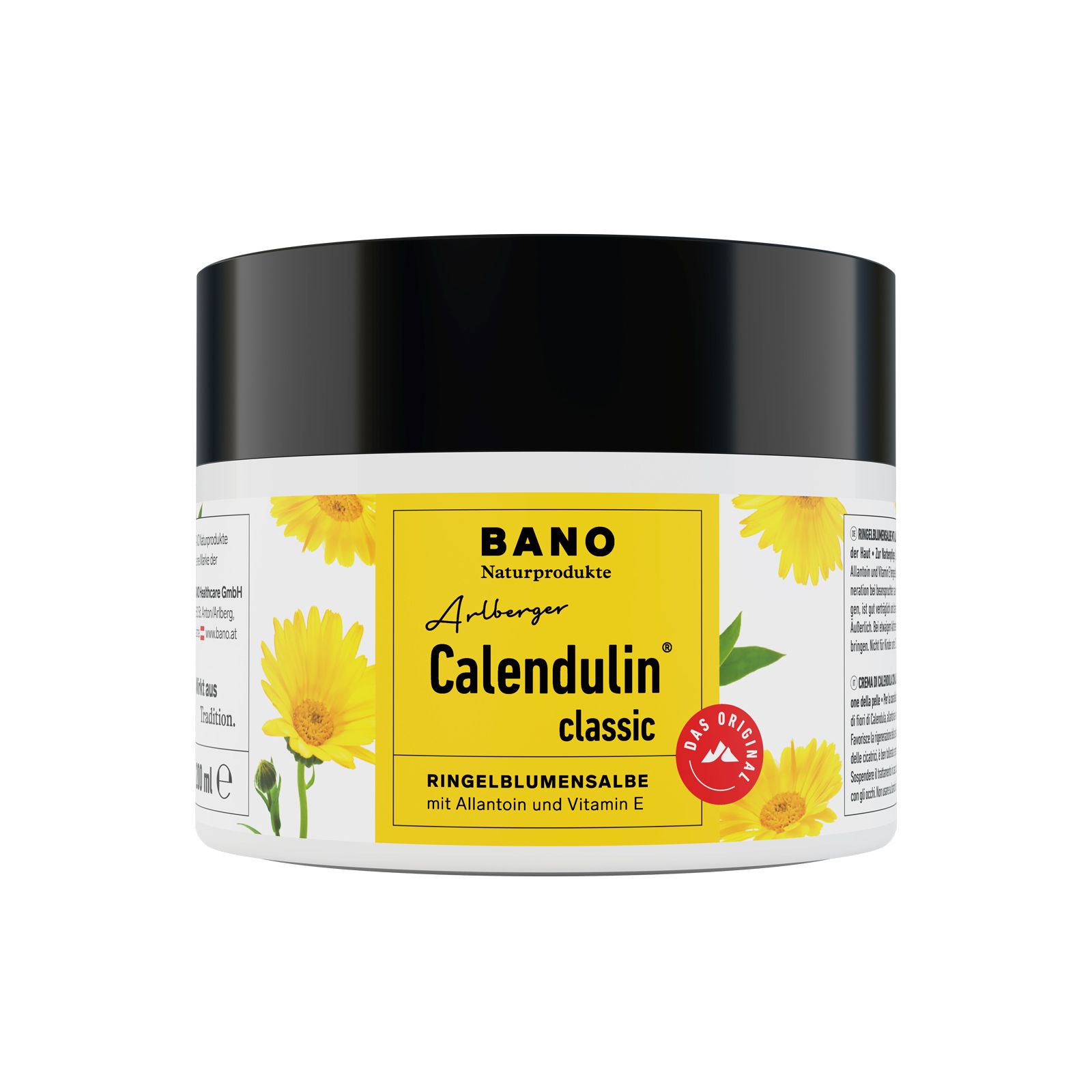 Crèmepot met zwarte deksel. Etiket met productnaam Calendulin classic en Ringelblumensalbe. Gele achtergrond met bloemen.