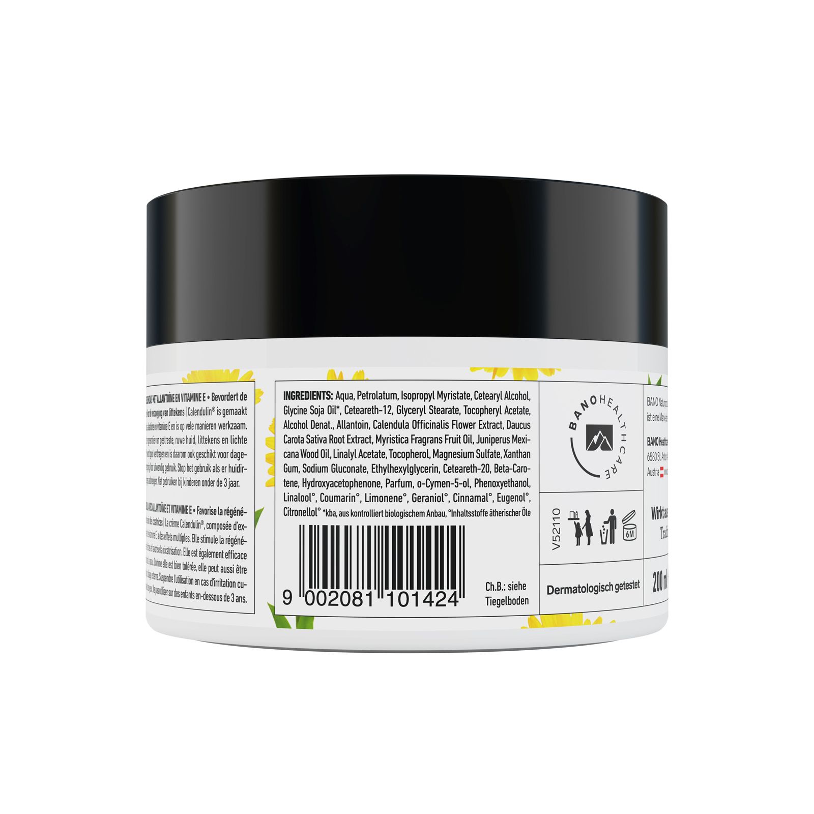 Achterkant van de crèmepot. Bevat ingrediënten, fabrikantinfo en barcode. Tekst in het Duits, Nederlands, Frans en Italiaans.