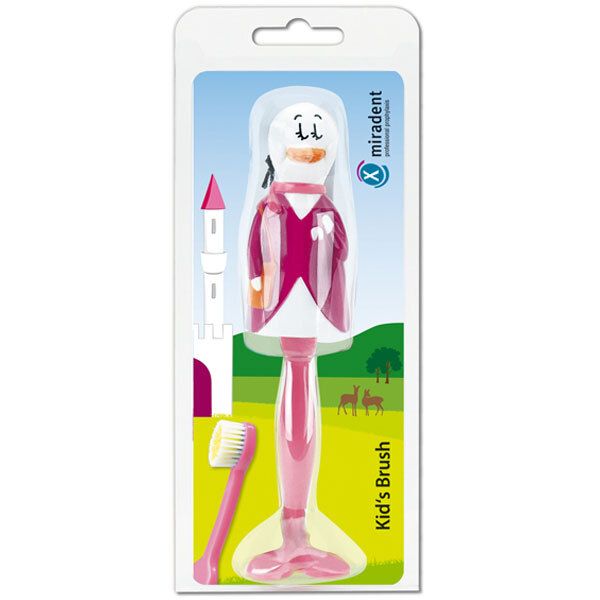 Roze tandenborstel met figuur. In blisterverpakking. "miradent" logo.