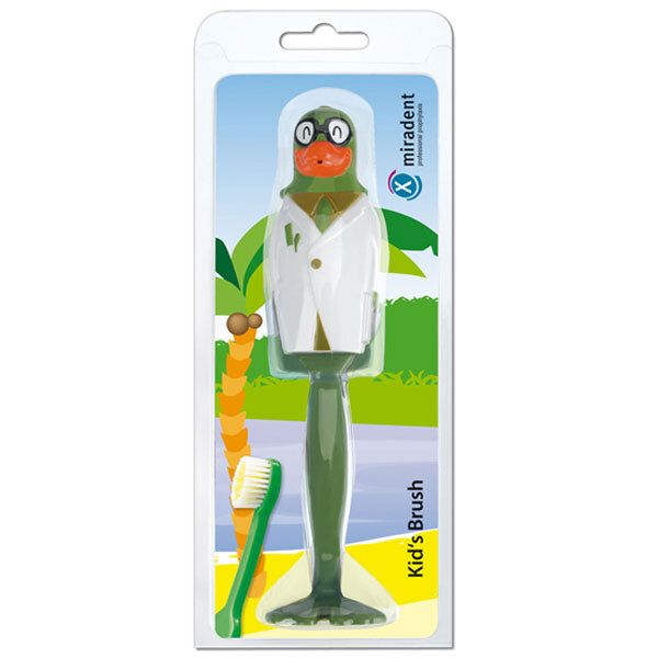Groene tandenborstel met papegaai-ontwerp in verpakking. Merk miradent, opschrift Kids Brush.