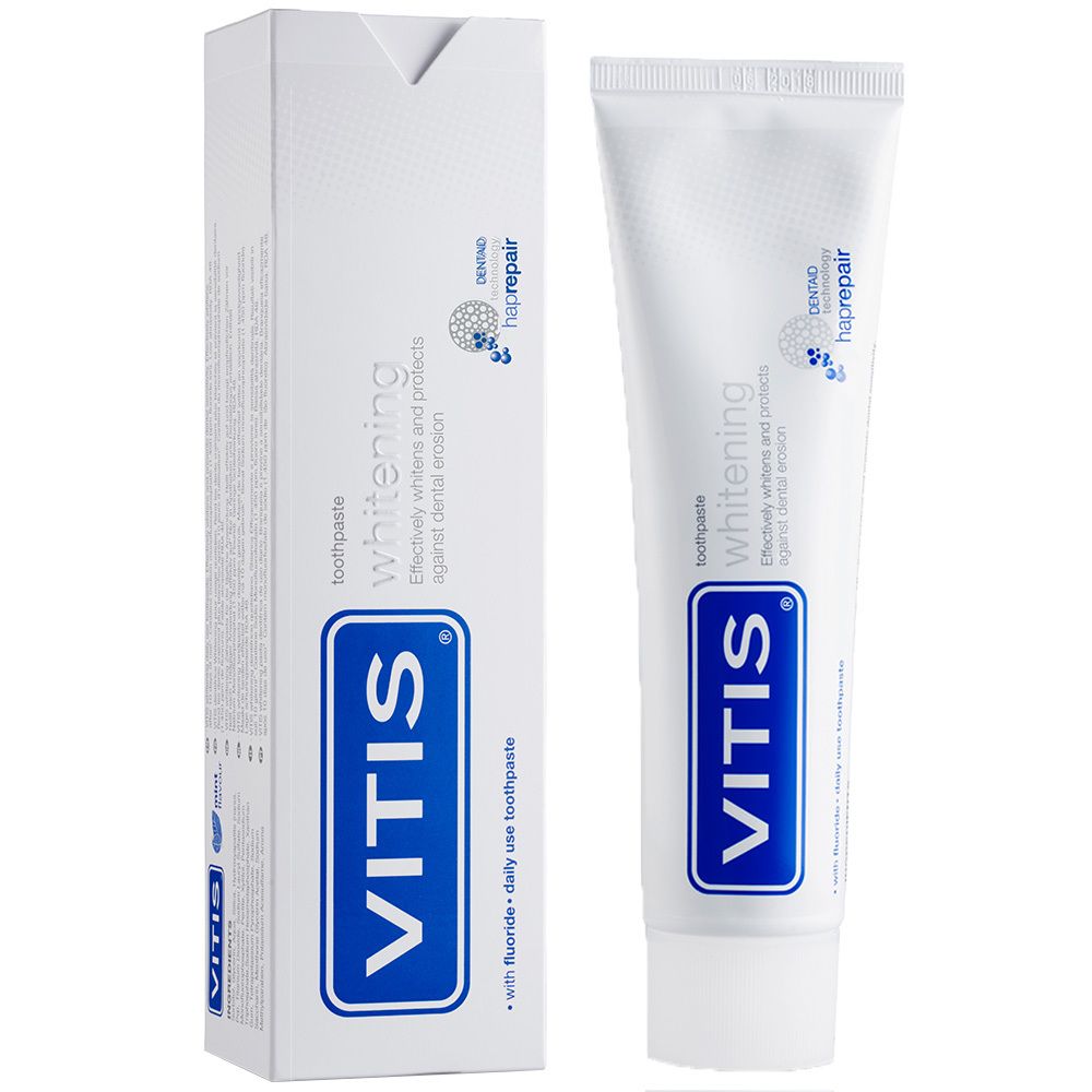 Witte tandpastatube en doos, blauw logo en tekst. VITIS® whitening.