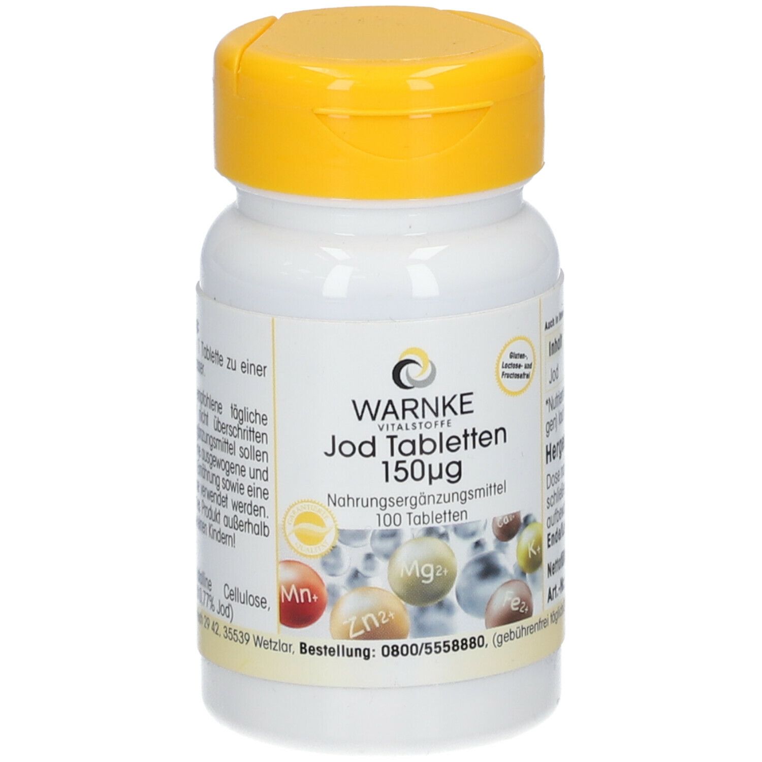 Witte tablettenfles met gele dop. Opschrift: Warnke Jod Tabletten 150µg. 100 tabletten. Voedingssupplement.