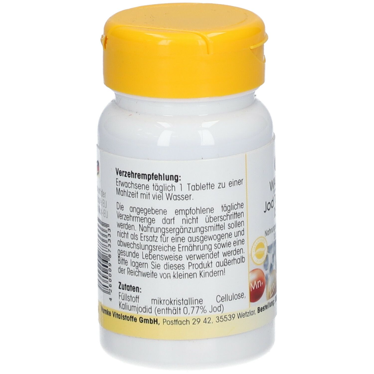 Achterkant van de tablettenfles. Tekst: Aanbeveling voor gebruik, ingrediënten, Warnke Vitalstoffe GmbH. Gemaakt in Duitsland.