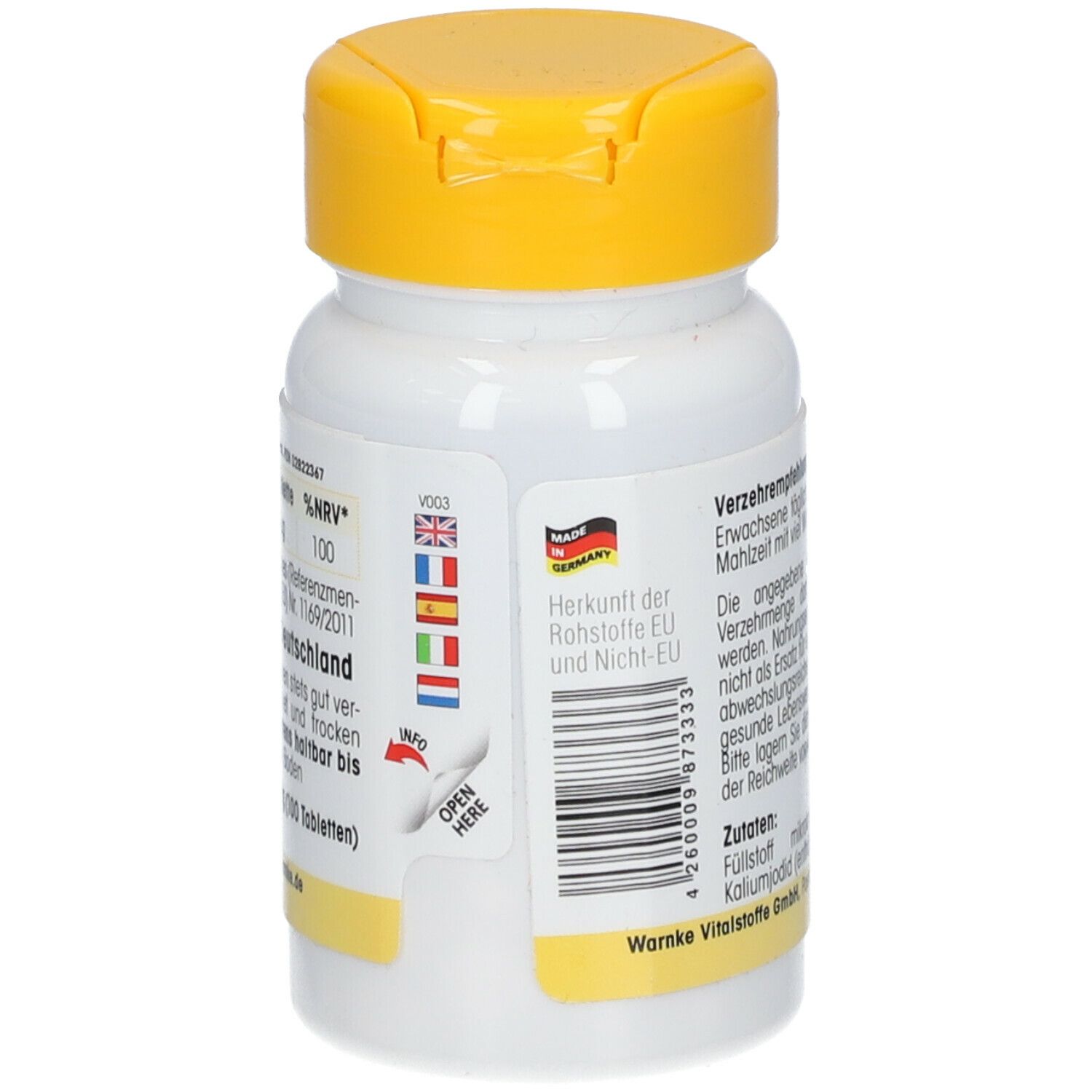 Achterkant van de tablettenfles. Tekst: Herkomst grondstoffen EU en niet-EU. Gemaakt in Duitsland. Barcode en openingsinstructies.