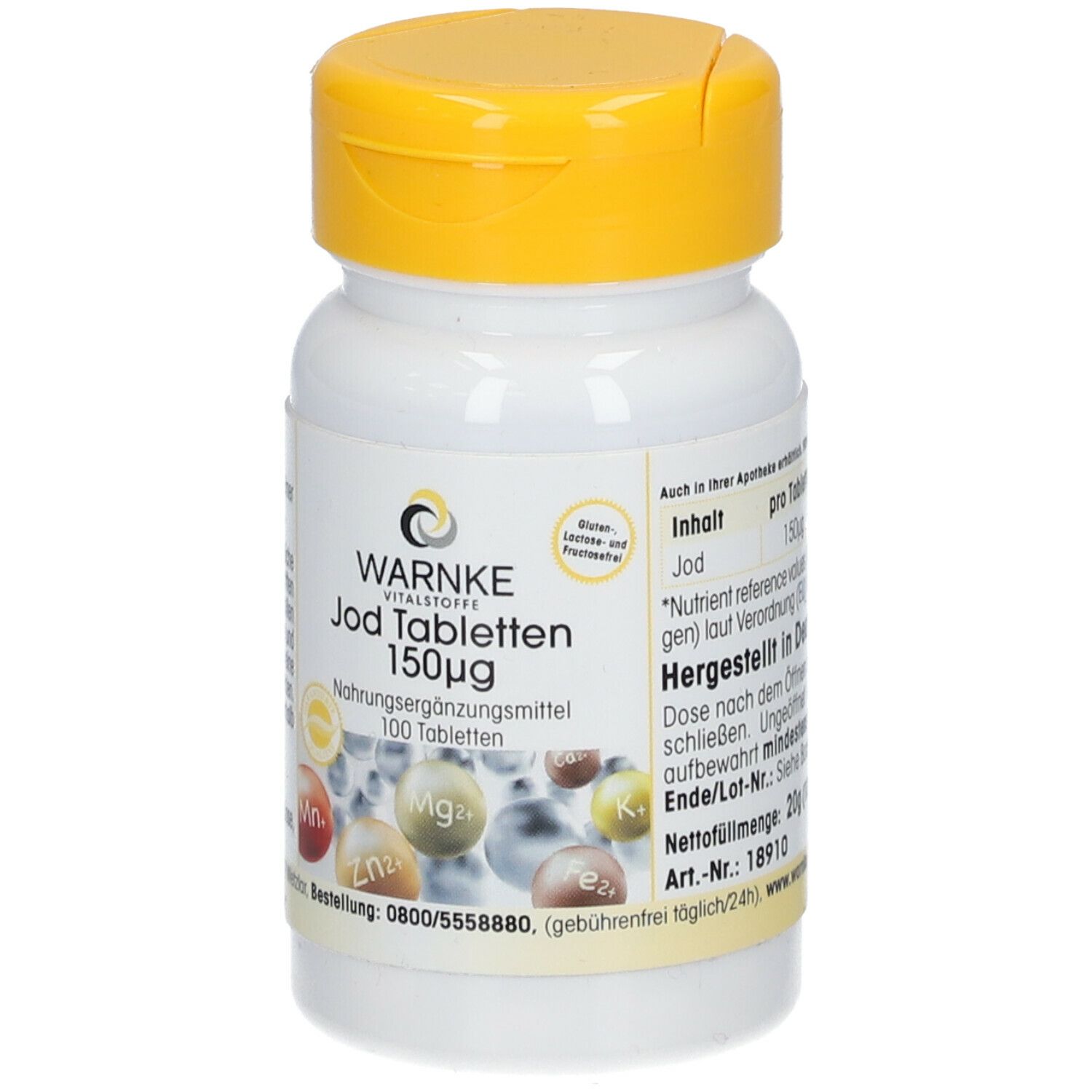 Witte tablettenfles met gele dop. Opschrift: Warnke Jod Tabletten 150µg. 100 tabletten. Voedingssupplement. Apotheekbericht.