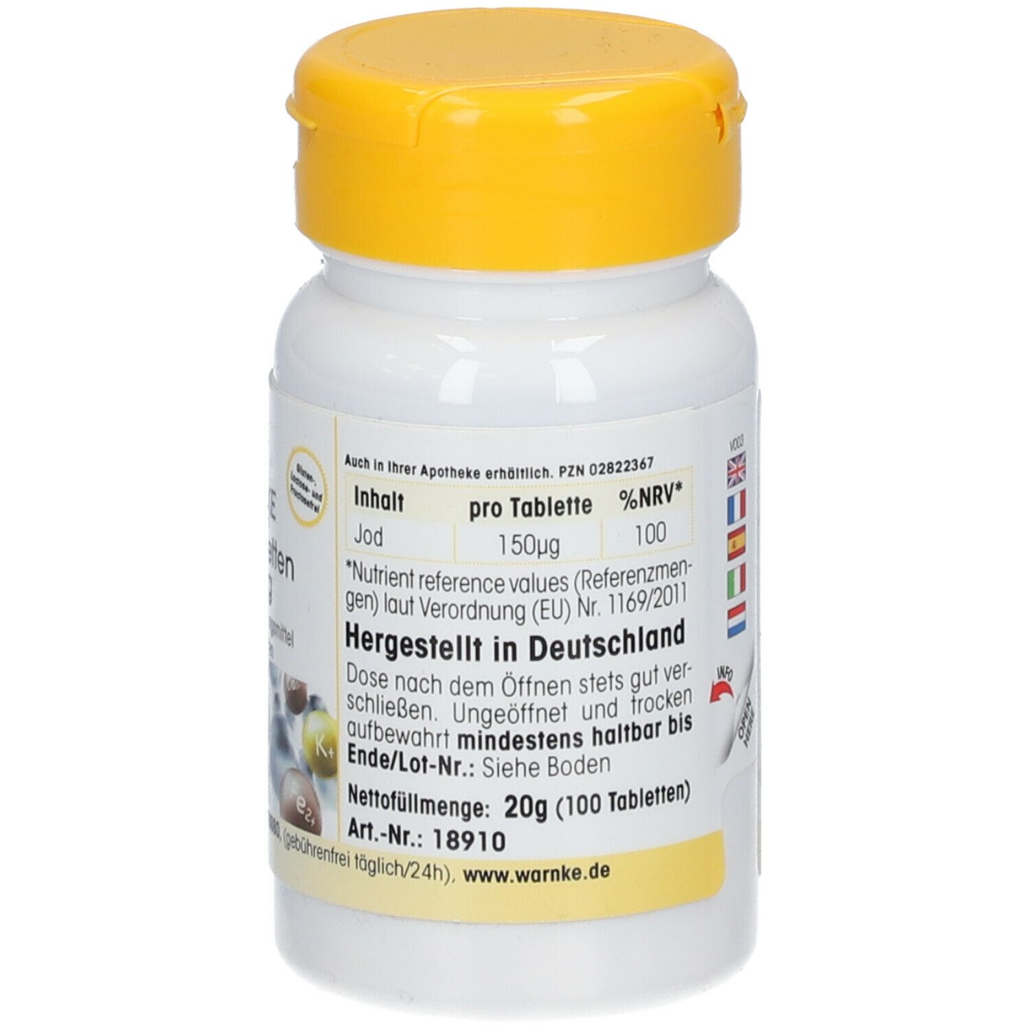 Witte tablettenfles met gele dop. Opschrift: Warnke Jod Tabletten 150µg. 100 tabletten. Gemaakt in Duitsland. Nettogewicht 20g.
