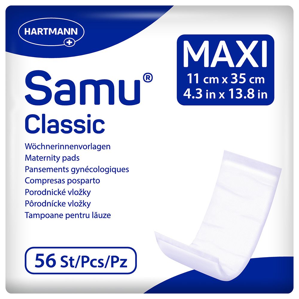 Paquet de serviettes post-partum blanches. Marque: Samu Classic Maxi. Contient 56 pièces. Dimensions: 11 x 35 cm.