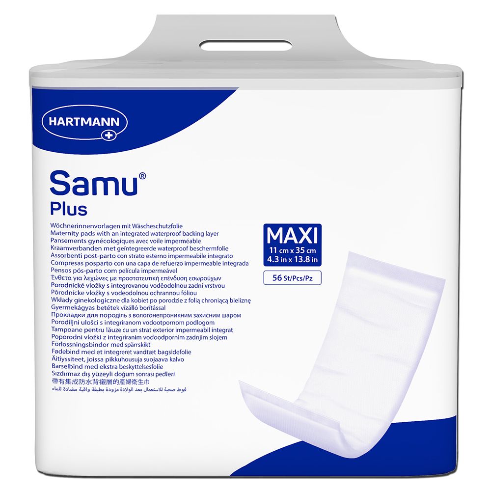 Paquet de protections post-accouchement Maxi, 11 x 35 cm. Marque Hartmann. 56 unités.