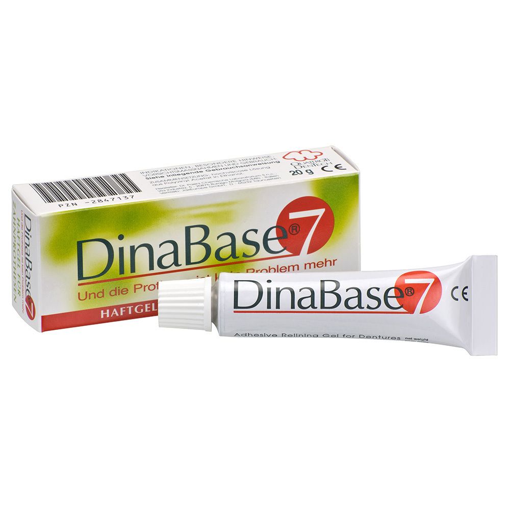 DinaBase 7 kleefgel voor kunstgebitten, tube en doos. Opschrift: Haftgel, DinaBase 7. CE-markering.