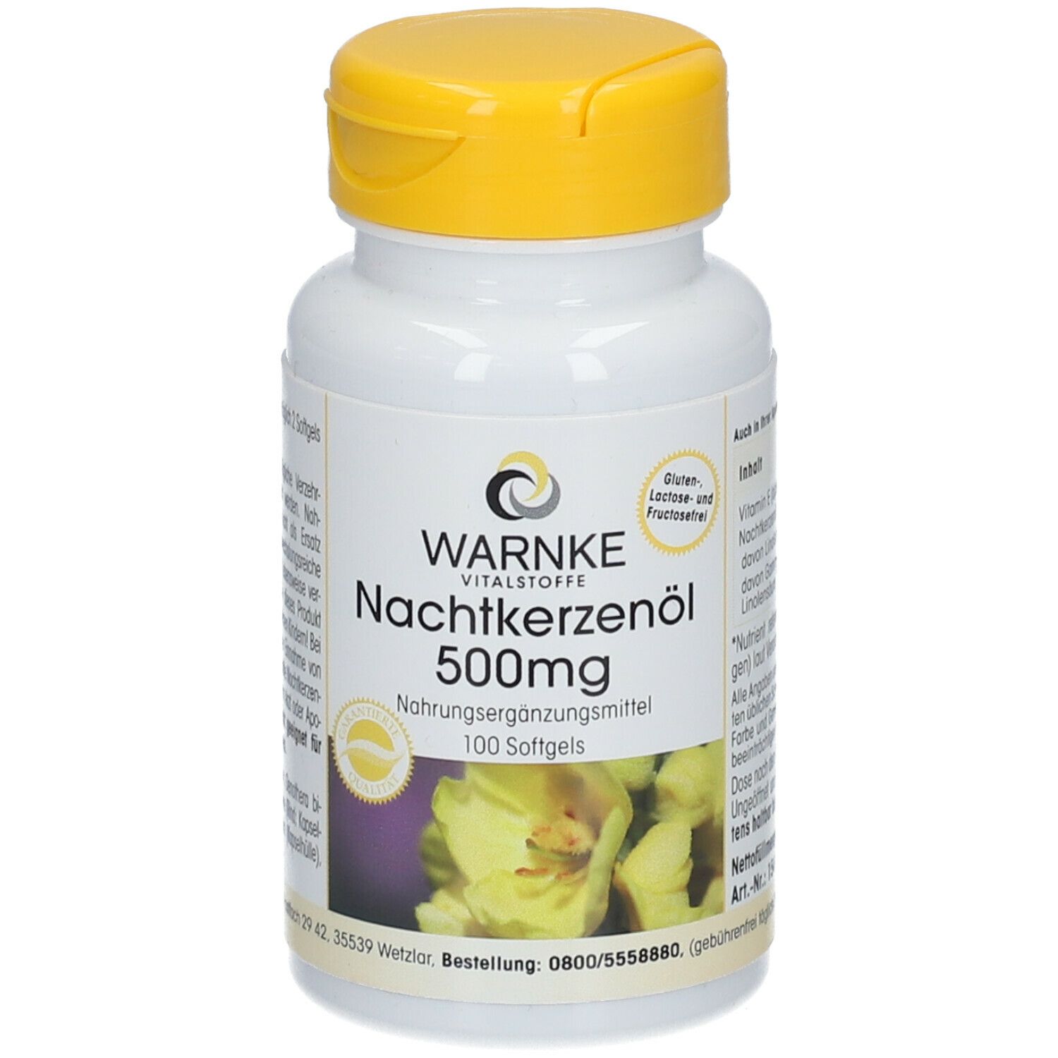 Flacon blanc à bouchon jaune. Inscription: WARNKE Nachtkerzenöl 500mg. Complément alimentaire. 100 gélules.