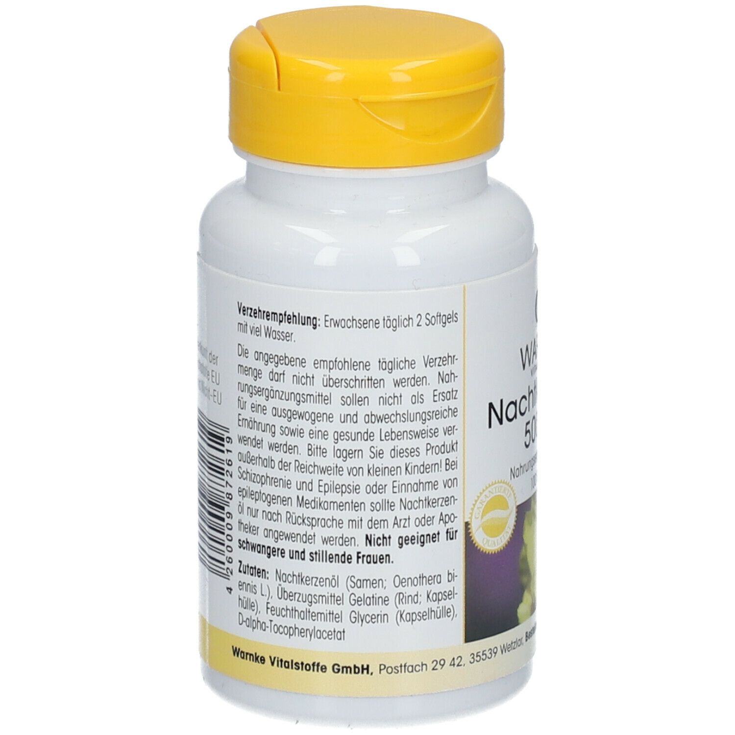 Dos du flacon blanc à bouchon jaune. Texte sur les recommandations et ingrédients. Warnke Vitalstoffe GmbH.