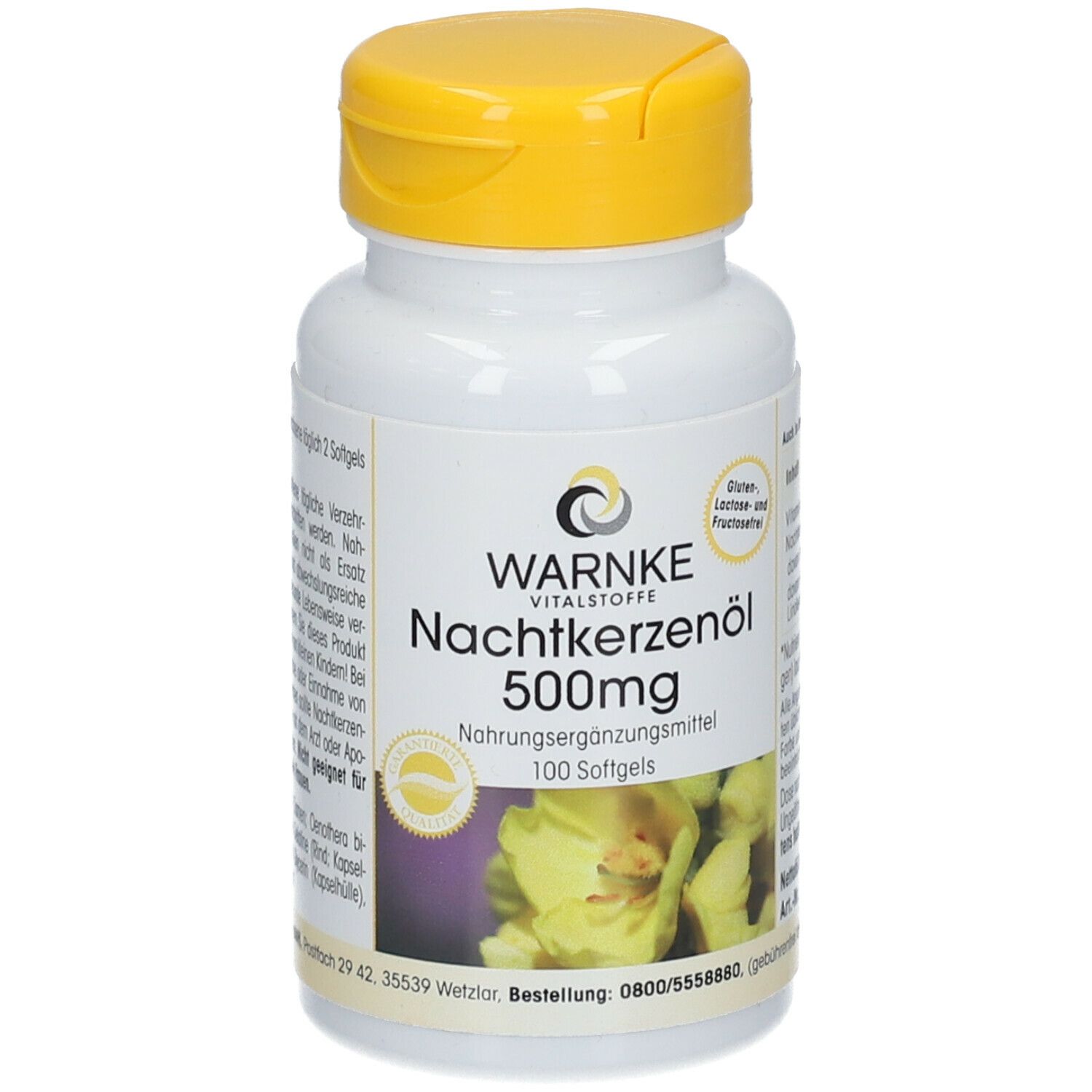 Flacon blanc à bouchon jaune. Inscription: WARNKE Nachtkerzenöl 500mg. Complément alimentaire. 100 gélules.
