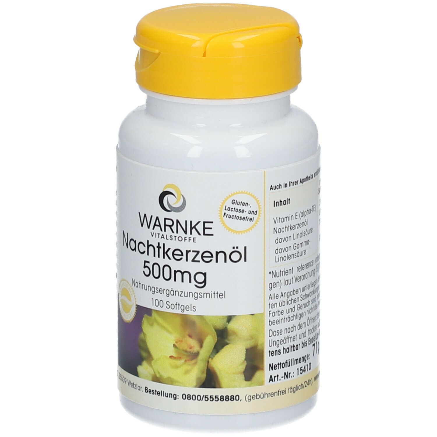 Flacon blanc à bouchon jaune. Inscription: WARNKE Nachtkerzenöl 500mg. Complément alimentaire. 100 gélules. Texte.