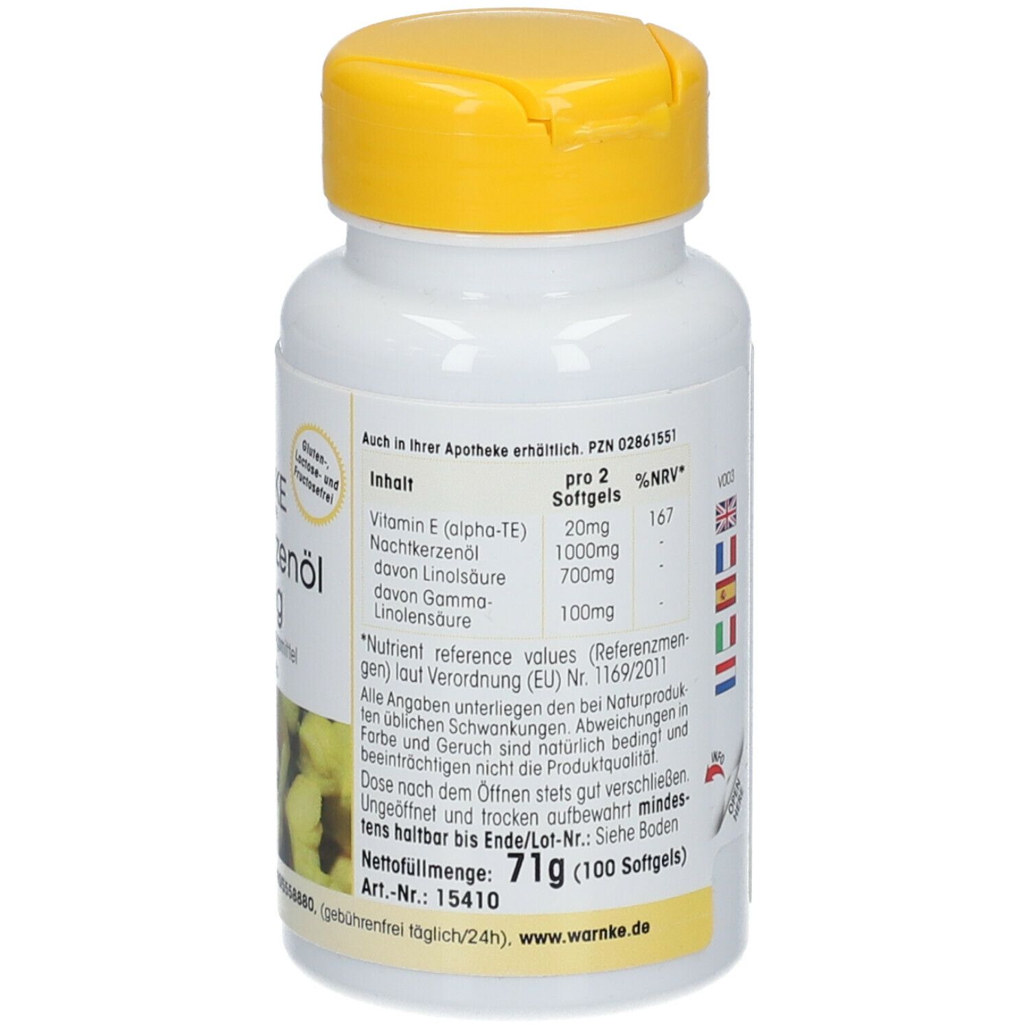 Dos du flacon blanc à bouchon jaune. Texte sur les ingrédients et valeurs nutritionnelles. 71g (100 gélules).