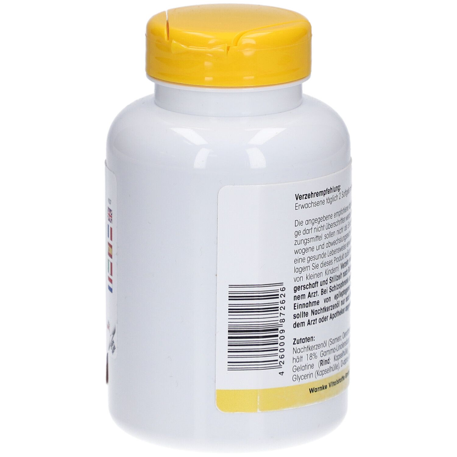Vue latérale de la bouteille blanche à bouchon jaune. Code-barres et texte. WARNKE Nachtkerzenöl 500mg.