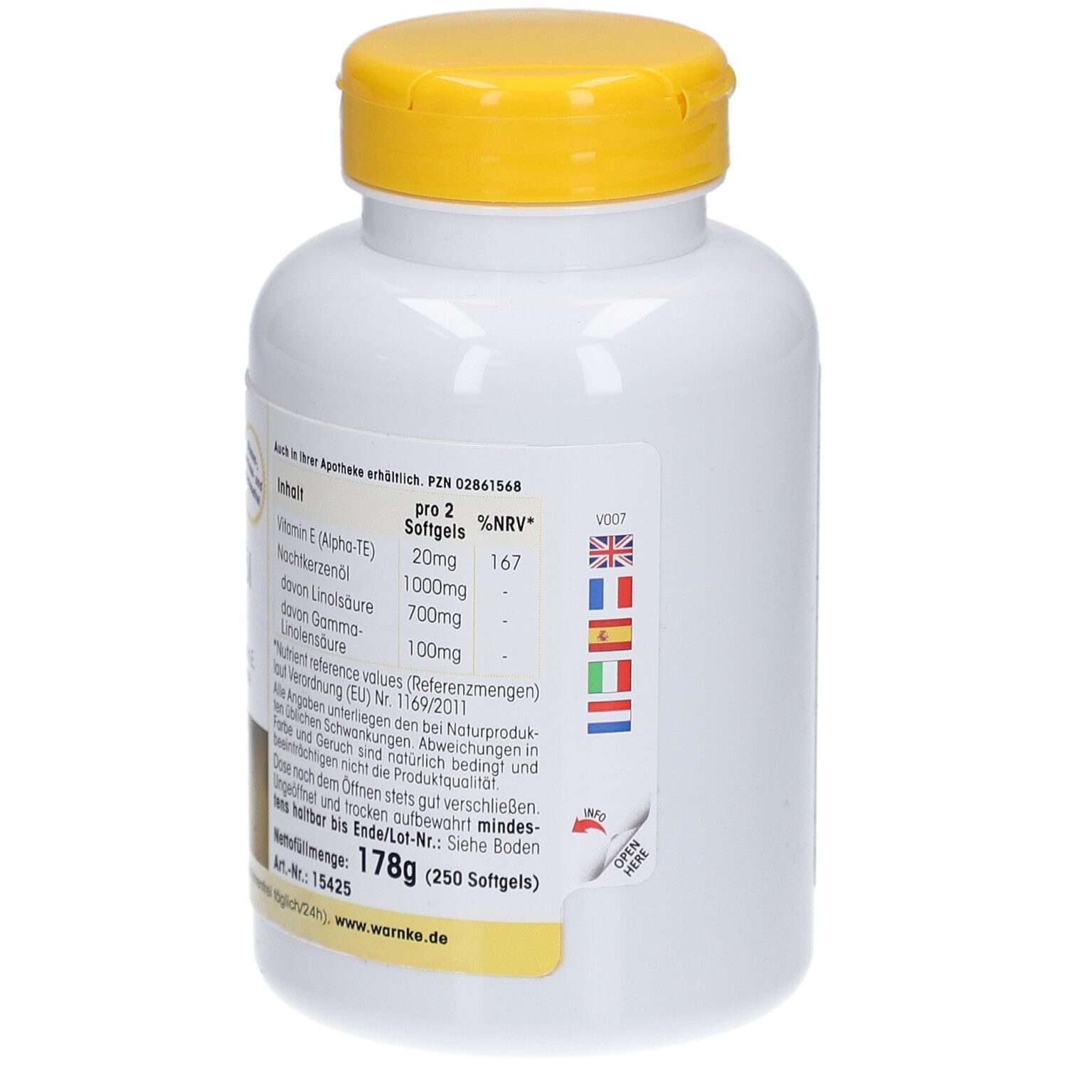 Bouteille blanche à bouchon jaune. Inscription: WARNKE, Nachtkerzenöl 500mg. Informations nutritionnelles. Plusieurs drapeaux.