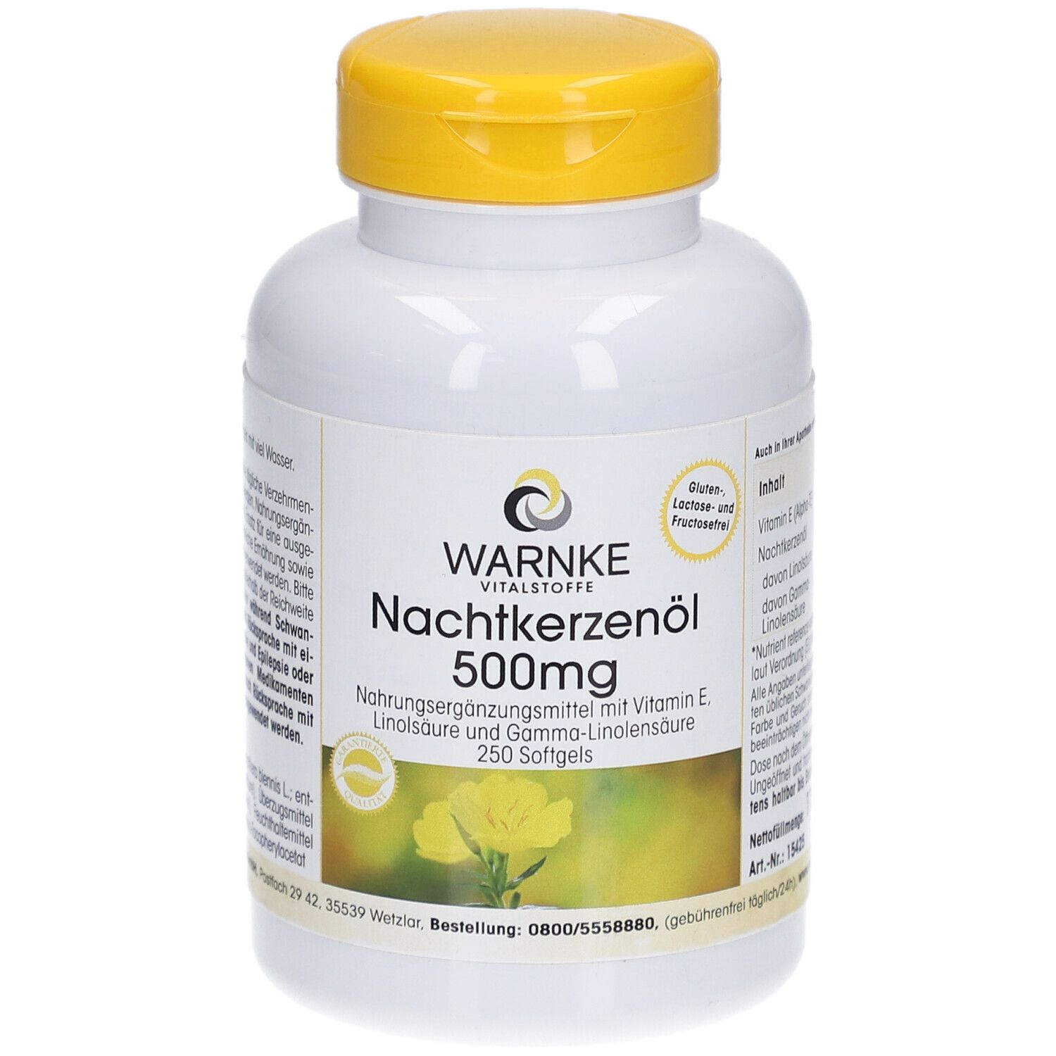 Bouteille blanche à bouchon jaune. Inscription: WARNKE, Nachtkerzenöl 500mg, 250 gélules. Sans gluten, lactose et fructose.