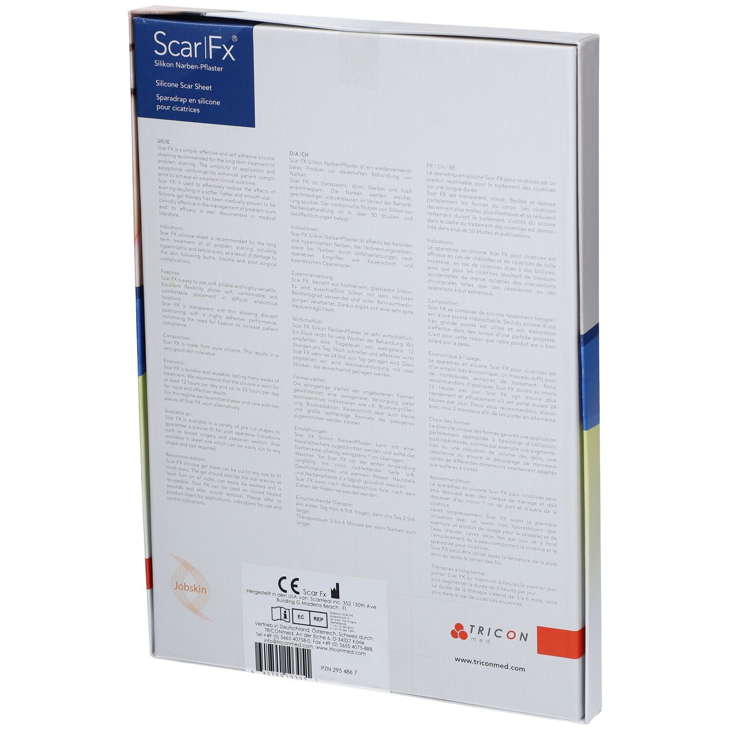 Achterkant van de Scar Fx verpakking. Tekst in meerdere talen. Logo's en certificeringen. Opschrift: Silikon Narbenpflaster, Silicone Scar Sheet, Sparadrap en silicone pour cicatrices.