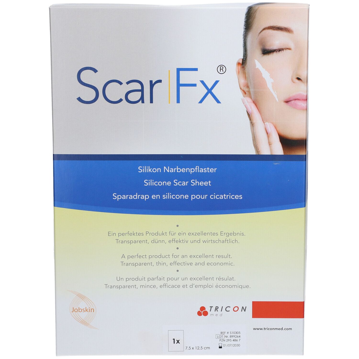 Verpakking van Scar Fx siliconen littekenpleister. Opschrift: Silikon Narbenpflaster, Silicone Scar Sheet, Sparadrap en silicone pour cicatrices. Afmeting: 7,5 x 12,5 cm.