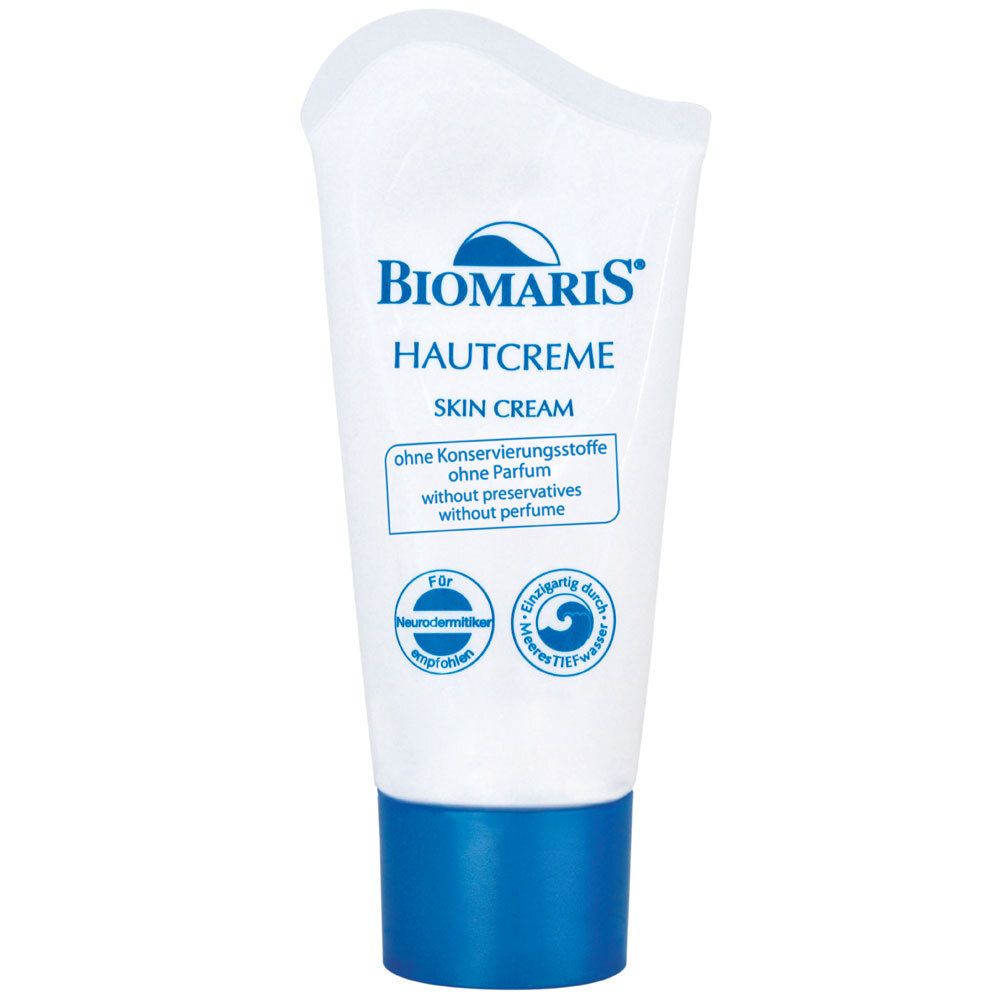 Tube BIOMARIS huidcrème. Wit, blauw. Opschrift: Hautcreme zonder parfum. Keurmerk: Geschikt voor neurodermitis.