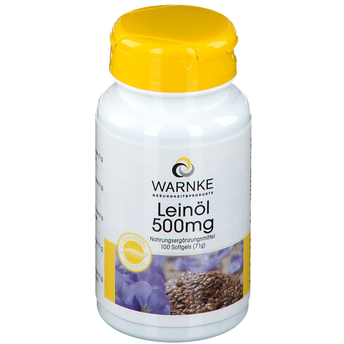 Flacon blanc à bouchon jaune. Inscription: WARNKE Leinöl 500mg. 100 gélules. Avec sceau.