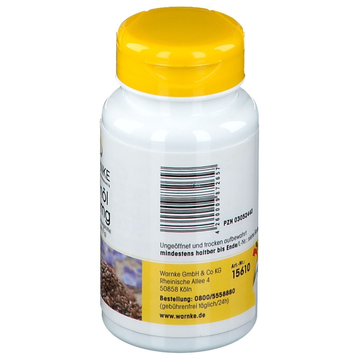 Dos du flacon blanc à bouchon jaune. Code-barres et informations produit. Texte: WARNKE, date limite.