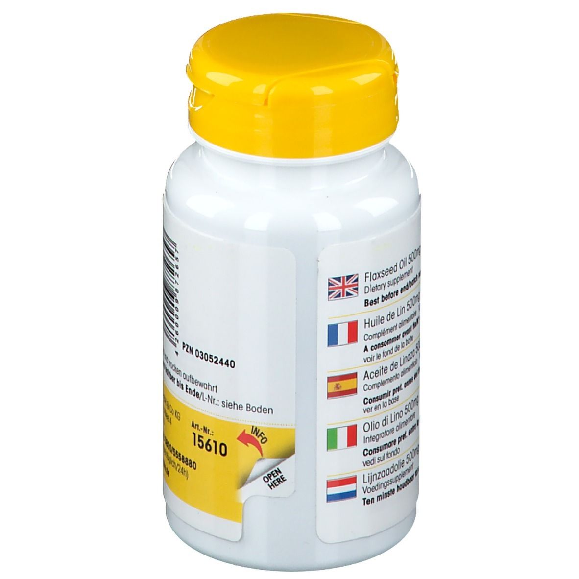 Dos du flacon à bouchon jaune. Informations produit multilingues. Texte: Flaxseed Oil 500mg, Huile de Lin 500mg, etc.