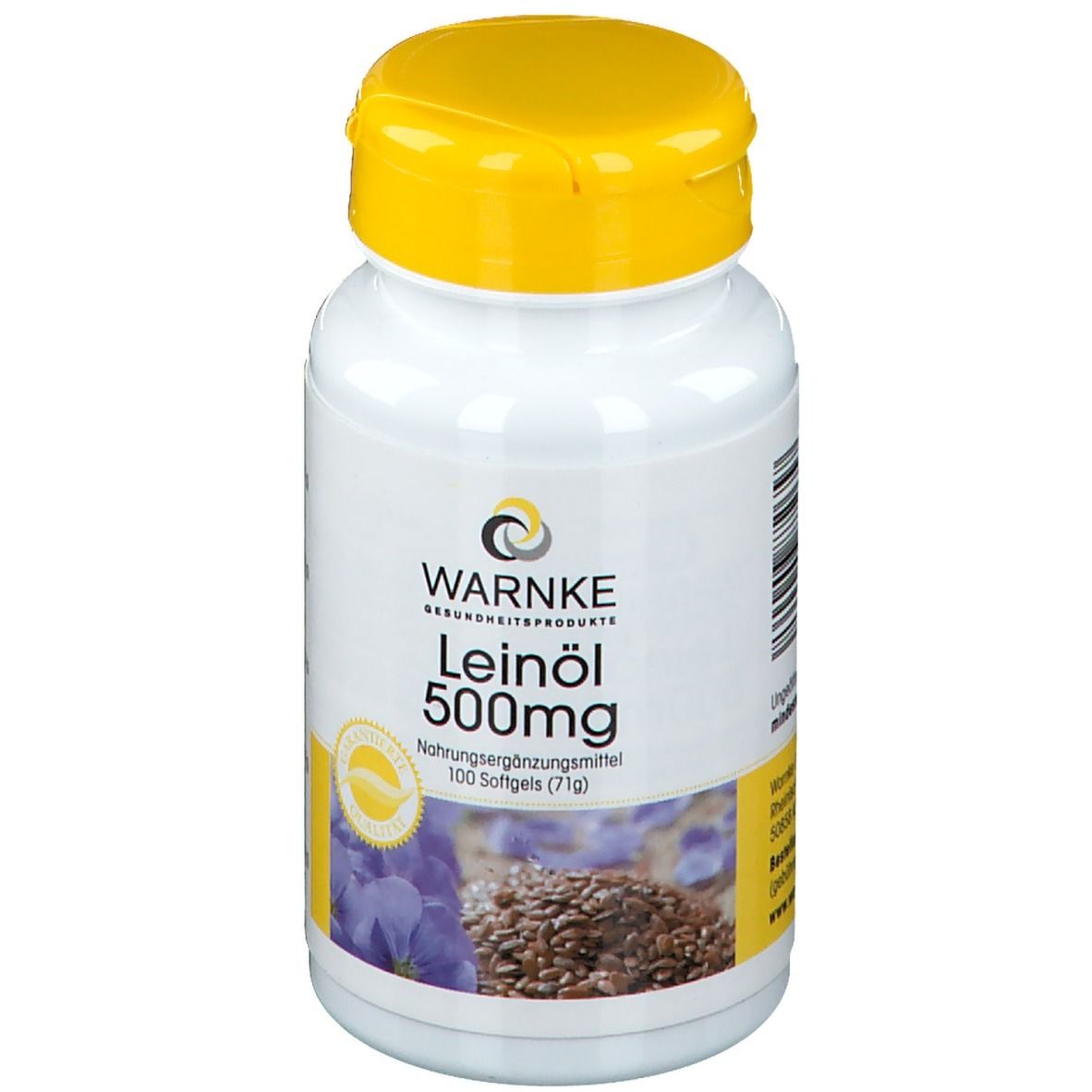 Flacon blanc à bouchon jaune. Inscription: WARNKE Leinöl 500mg. 100 gélules. Avec sceau.
