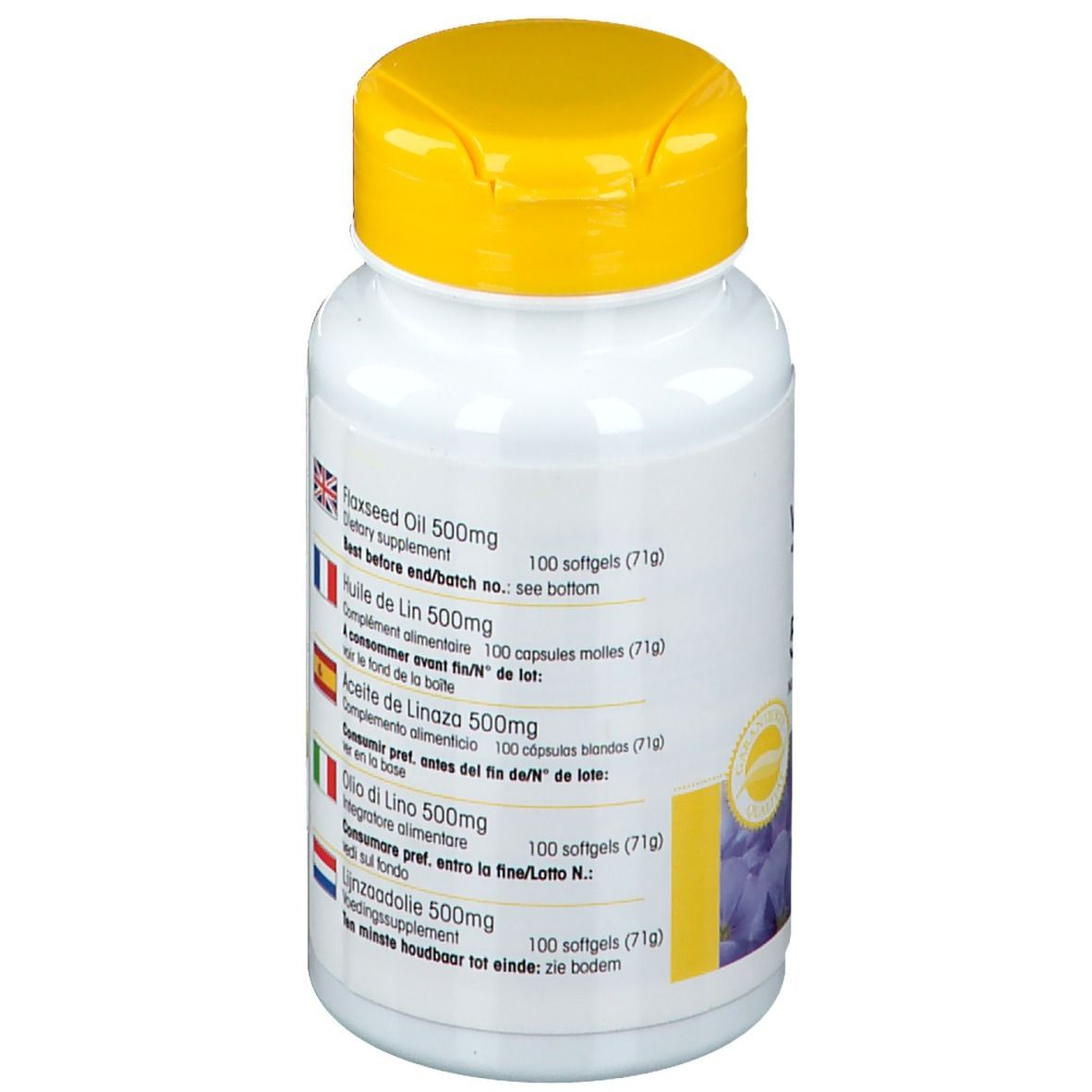 Dos du flacon à bouchon jaune. Informations produit multilingues. Texte: Flaxseed Oil 500mg, Huile de Lin 500mg, etc.