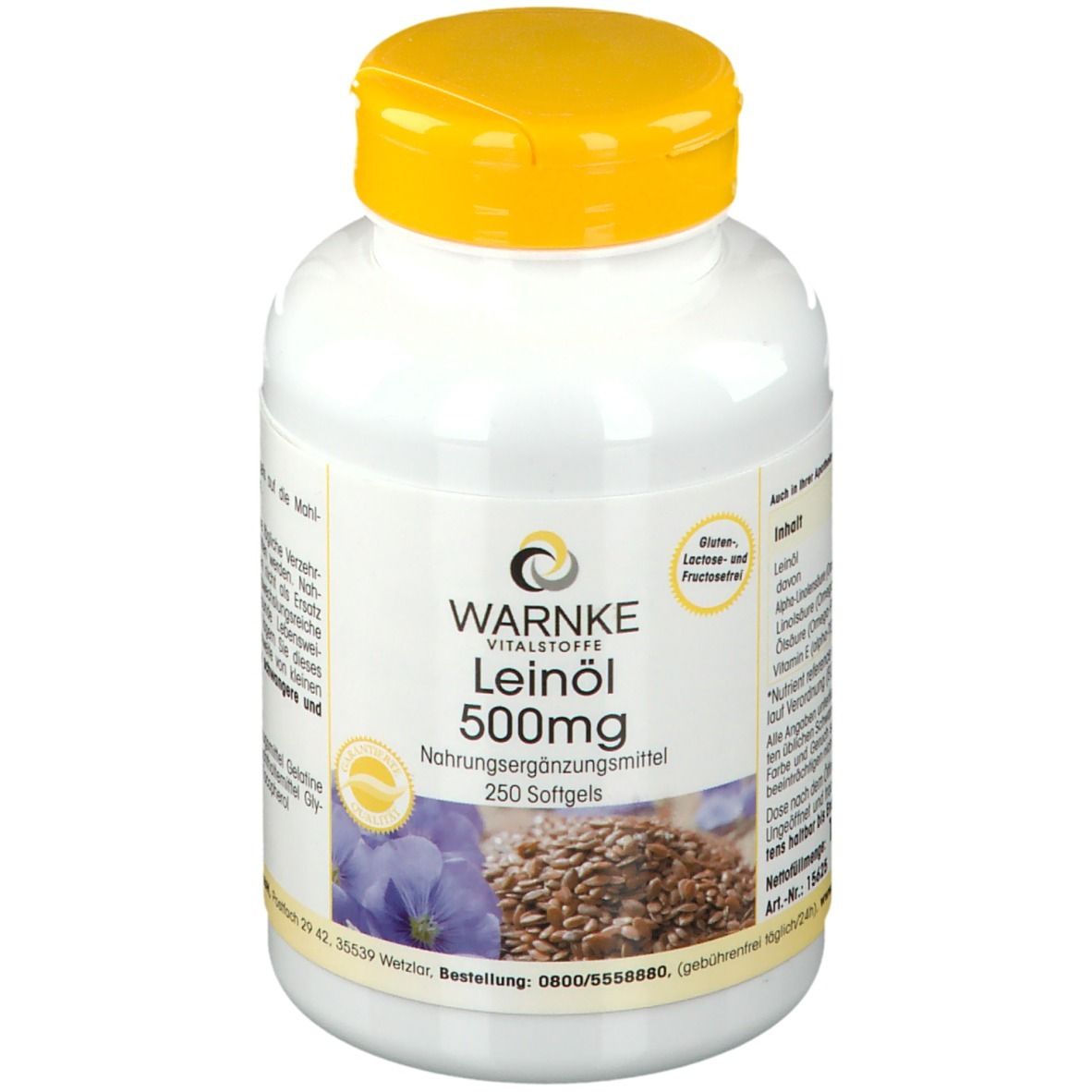 Flacon blanc à bouchon jaune. Inscription: WARNKE Leinöl 500mg. 250 gélules. Image de graines de lin et de fleurs.