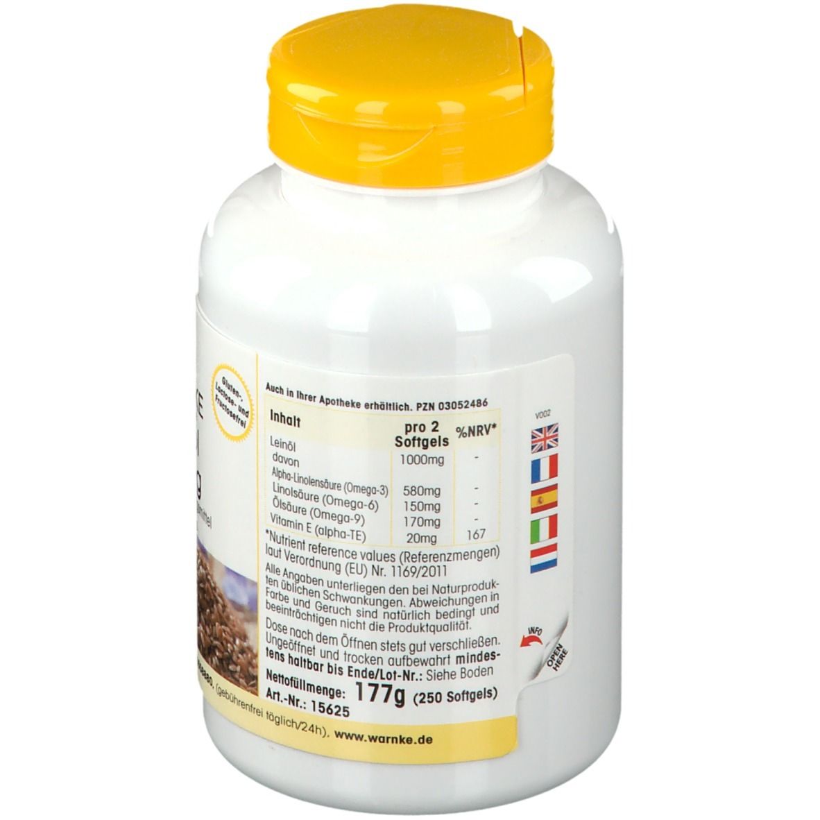Dos du flacon. Contient des informations sur les ingrédients et les valeurs nutritionnelles. Drapeaux multilingues. Poids: 177g (250 gélules).
