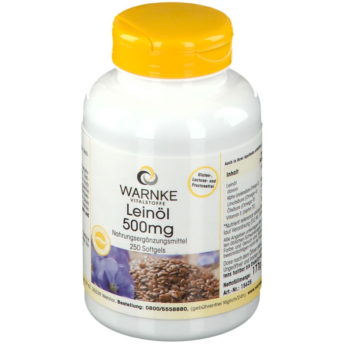 Flacon blanc à bouchon jaune. Inscription: WARNKE Leinöl 500mg. 250 gélules. Image de graines de lin et de fleurs.